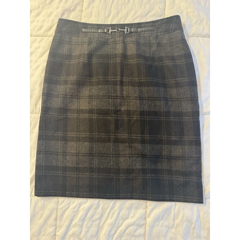 Amanda + Chelsea Pencil Skirt Wool Blend Gray Belted Checkered Dark Academia
